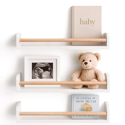 Image of Decorative Nursery Bookshelves for Kids - Set of 3 Easy to Install Floating Shelves for Wall Mount - Beautiful Hanging Organizer Furniture for Your Baby Boy or Girl's Bedroom and Play Room Decor