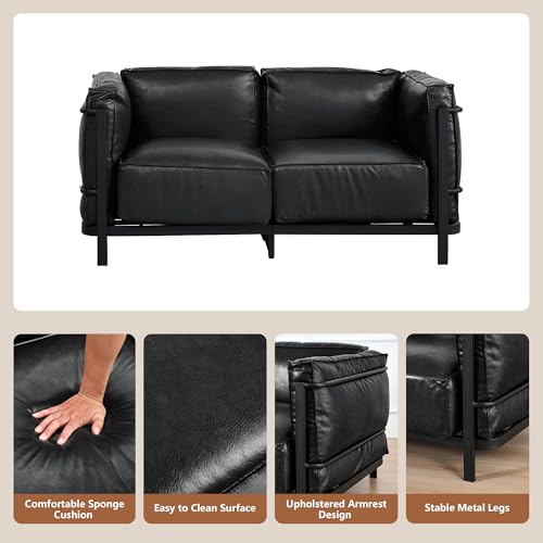 Image of QHITTY Loveseat Sofa, Mid-Century Modern Upholstered Couch Chair Faux Leather Sofa Couch with Iron Frame and Upholstered Armrest Backrest Cushion for Living Room, Office, Apartment (Black)
