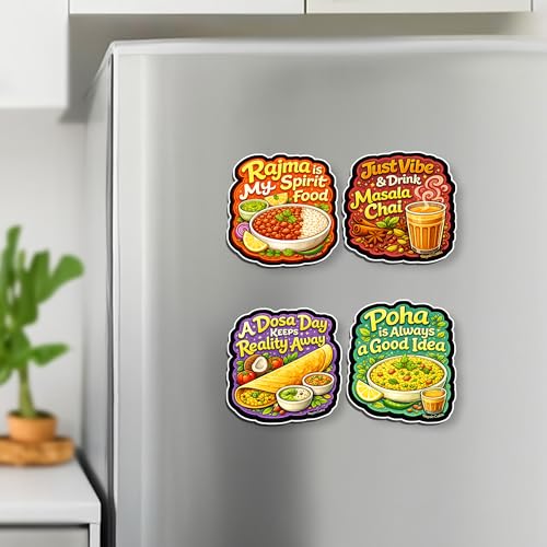 Image of Regalo Casila Indian Food Quotes Fridge Magnet 4 Pc Set Tourism Souvenir Wooden Travel Magnet Rajma Chai Dosa Poha Refrigerator Magnet Decorative Kitchen Decor Gift