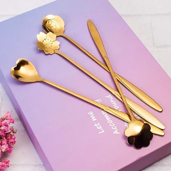 Image of Golden Spoon Set /Coffee Spoon /Dessert Spoons /Cutlery Kitchen Tableware /Stainless Steel Gold Different Shape Coffee Spoons, Set of 4 Pcs,24 Centimeter