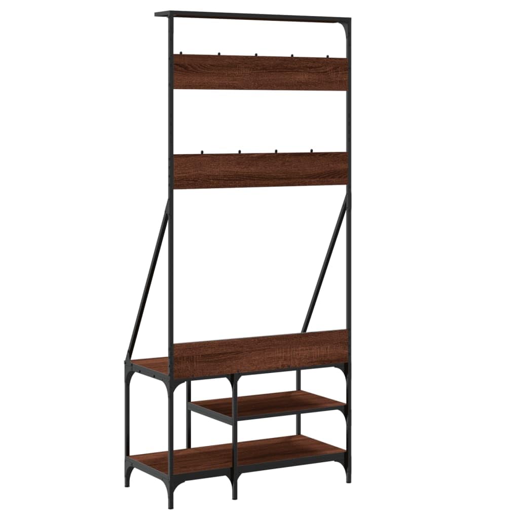 Kleiderständer Garderobe mit Schuhablage in Braun Eichen-Optik, Holzwerkstoff und Metall, 80x40x184 cm, freistehend, platzsparend, mit Haken und Rollen für Schlafzimmer und Flur