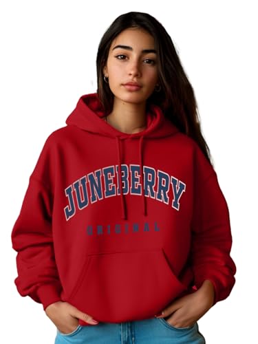 Image of JUNEBERRY Fleece Oversized Baggy Fit Hooded Sweatshirt Drop Shoulder Typographic Logo Printed Full Sleeve Hoodie for Women (Availabe Colors: Copper Tan, Rust & Red)