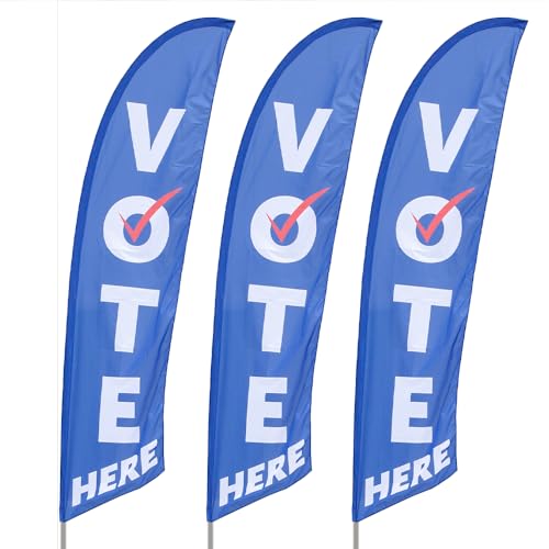 Vispronet Vote Here Feather Flag Kit 3 Pack Bundle – 13.5ft Voting Flag with Ground Stakes & Pole Sets, Outdoor Election Decorations, Weather-Resistant Knitted Polyester, Printed in the USA