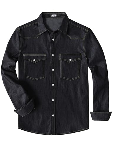 JOGAL Mens Western Cowboy Shirts Long Sleeve Denim Pearl Snap Shirts Regular Fit Work Shirts