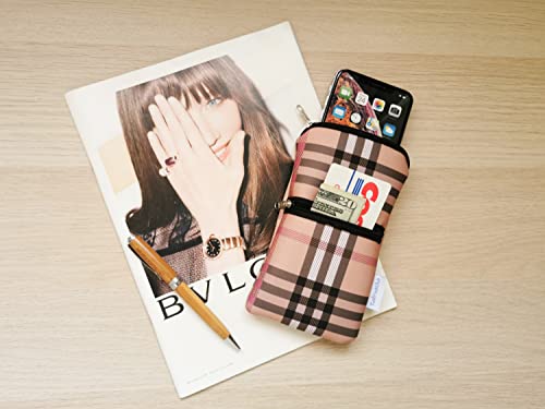 Image of Tainada Men Women Cell Phone Neoprene Shockproof Zipper Sleeve Case Bag Pouch w /Clip Hook, Neck Lanyard, Belt Loop Holster for iPhone 17 /16 Pro Max, 16 Plus; Samsung S25+, S24 (Camel Brown Plaid)