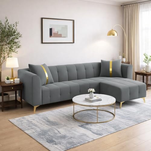 Image of Adorn India Premium Mystic - 3 Years Warranty - L Shape 4 Seater Sofa Set Velvet Suede Fabric - Grey