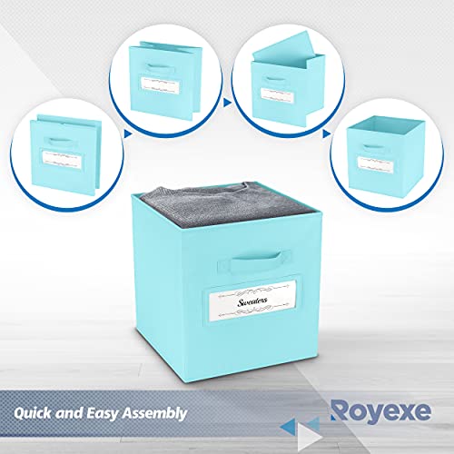 Royexe Storage Cubes - 11 Inch Cube Storage Bins (Set of 8). Features Large Label Window & Dual Handles & Fabric Cubby Organizer Baskets | Foldable Closet Shelf Organization Boxes (Blue)