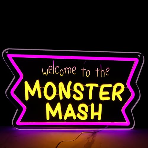 Welcome to Monster Mash Neon Sign for Wall Decor,Ghost Led Dimmable Neon Lights for Gaming Room Boys Room Decor,Powered by USB 9.5 * 15.7inch, Halloween Birthday Party Christmas Gifts