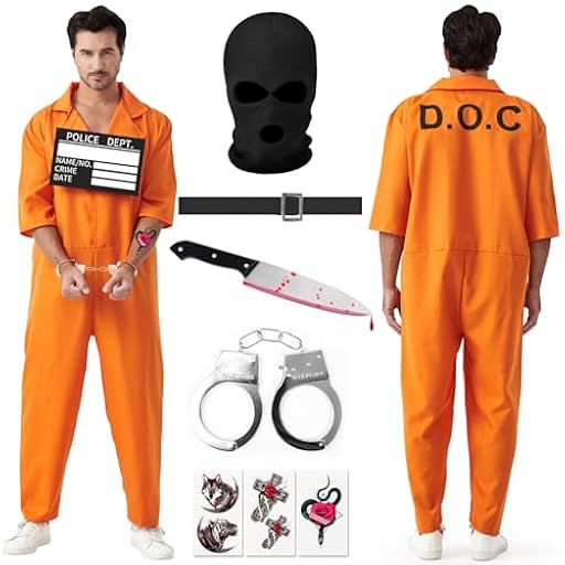 Lozzzyo Mono Naranja Disfraz de Preso para Hombre, Disfraz de Carnaval Masculino con Placa Identificativa, Esposas, Daga, Capucha y Pegatinas, Disfraz de Preso para Carnaval y Cosplay Hombre (M) | Ya disponible en tu tienda friki favorita! En mundofriki.es!
