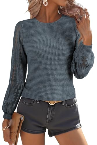 Image of BLENCOT Womens Casual Crochet Top Mesh Lace Long Sleeve Shirts Waffle Knit Blouse Crewneck Shirt Fall Womens Tops Pullover