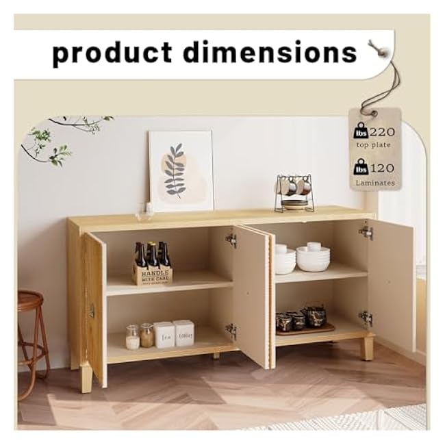 Vintage 4 Door Storage Cabinet, Carved Scatter Pattern Dining Sideboard, Large Buffet with Adjustable Shelves, Multifunctional Accent Cabinet,for use in Restaurants