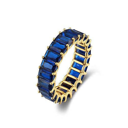 MDFUN Blue Baguette Ring Eternity Rings 18K Yellow Gold Plated for Women Deep Blue Spinel Wedding Promise Engagement Band Size 5-10