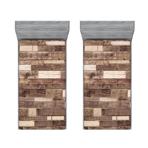 Ambesonne Wooden Print 2 Pack Fitted Sheet, Wodden Planks Print, Bed Cover All-Round Elastic Deep Pockets 2 Pieces, Package Contains 2 Twin Size Fitted Sheets, Brown