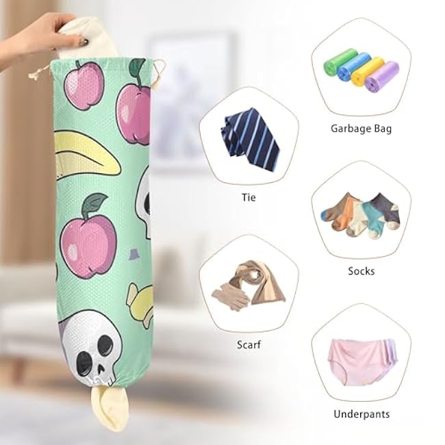 xigua Cute Skulls Plastic Bag Holder Wall Mount with Drawstring 1 Pack, Reusable Grocery Bag Organizer Decor for Bags, Socks, Underwear, And Neckties