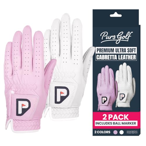 PUR3 Womens Golf Glove Left Hand and Right Hand - 2 Pack Ladies Gloves - Ultra Soft Cabretta Leather - Pastel Blush Pink and White - Extra Grip All Weather