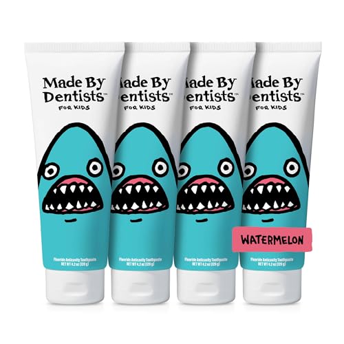Made by Dentists Kids Fluoride Toothpaste 4-Pack - Anticavity Watermelon Childrens Toothpaste SLS-Free Enamel Safe Natural Flavors Vegan & Cruelty-Free Toddler & Kids Ages 2+ Shark