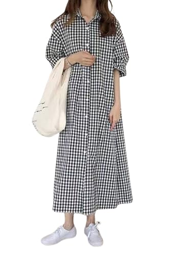 chouyatou Women's Summer Casual Short Sleeve Cotton Gingham Dress Plaid Midi Long Shirt Dress