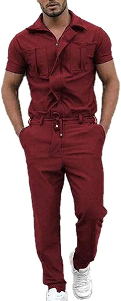 Jsrichhe Short Sleeve Lapel Dungarees Work Overalls Short Sleeve Workwear Boilersuit Dungarees for Men