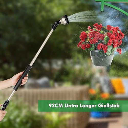 RESTMO 92 cm Untra Langer Gießstab, Gartenbrause Metall mit 180° schwenkbaren Kopf | 10 Sprühmustern | Daumenflusskontrolle | Bewässerung Zauberstab zum für Blumenampeln und Sträucher