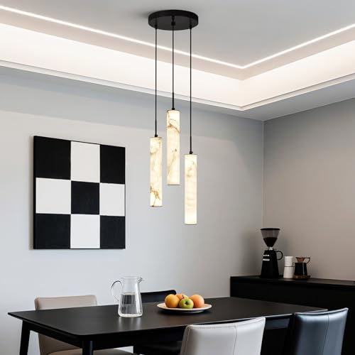 Image of LMQNINE Natural Alabaster Pendant Lights for Kitchen Island White Marble Long Tube Chandelier 4000K Modern Black Ceiling Light Fixtures for Bedroom Dining Room Living Room Hallway(Y-3Light-Crackle)