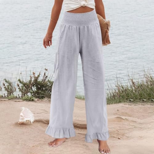 Image of Palazzo Pants for Women Linen Smocked Elastic Waist Ruffle Wide Leg Pants Summer Beach Flowy Boho Pant with Pockets