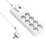 DBPOWER - Regleta de protección contra sobretensiones, 8 Tomas con 4 Puertos USB, Cargador y Cable de alimentación de 1,8 Metros, Compacto 250 V4000 W (1,8 m), Color Blanco