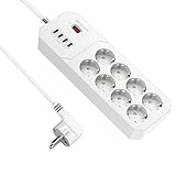 DBPOWER - Regleta de proteccin contra sobretensiones, 8 Tomas con 4 Puertos USB, Cargador y Cable de alimentacin de 1,8 Metros, Compacto 250 V4000 W (1,8 m), Color Blanco