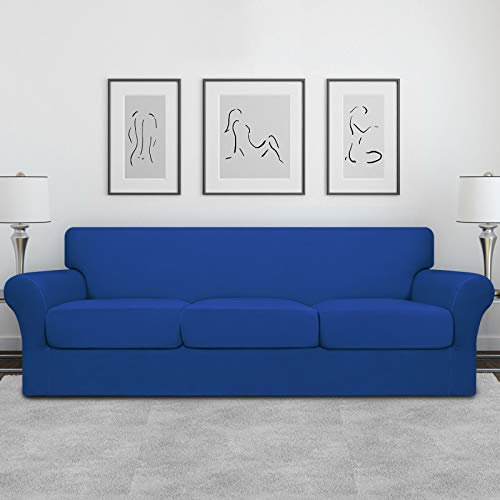 Image of Easy-Going 4 Pieces Oversized Stretch Couch Cover for Dogs Washable | Sectional Sofa Slipcover for 3 Separate Cushion Couch - Elastic Furniture Protector for Pets, Kids Classic Blue