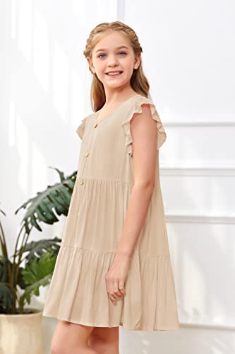 Mafulus Girls Ruffle Sleeve Dress Kids V Neck Button Down Tiered Swing A-Line Summer Beach Sundress Outfit 5-14T2