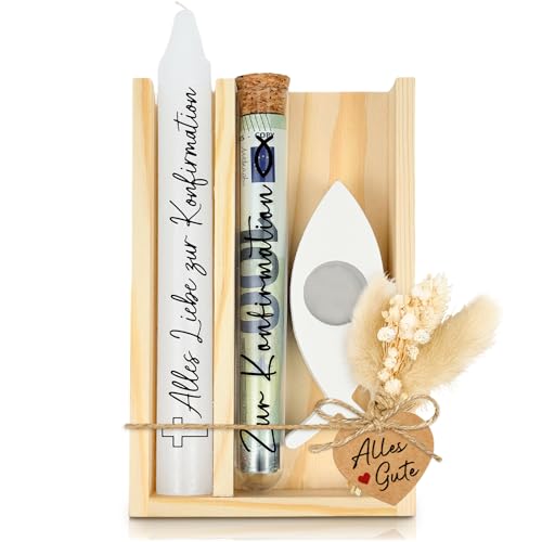 Konfirmation Geschenk Set inkl. Kerze Stabkerze Fischförmiger Kerzenhalter Trockenblumen mit Reagenzglas in Holzbox Holzverpackung Geldgeschenk Konfirmation Verpackung Mädchen Junge