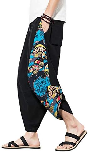 DOSLAVIDA Men's Linen Harem Capri Pants Lightweight Elastic Waist Wide Leg Cropped Trousers Casual Loose Beach Capris