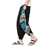 DOSLAVIDA Men's Linen Harem Capri Pants Lightweight Elastic Waist Wide Leg Cropped Trousers Casual L