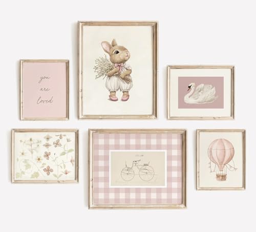 Image of Pink Nursery Wall Art Baby Girl Canvas Wall Decor Vintage Poster Bunny Flower Wall Art Antique Preppy Pictures Animal Floral Prints Kids Swans Painting for Girls Room Bedroom 8x10x6 Inch Unframed