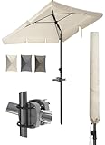 Menz Sonnenschirm Balkon 3-teiliges Komplettset, Beige - UPF 50+ Sonnenschirm rechteckig 200 x 125 cm + Sonnenschirmhalter Balkongeländer + Sonnenschirmhülle, Sonnenschutz Balkon, Balkon-Schirm