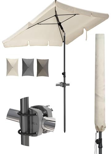 Menz Sonnenschirm Balkon 3-teiliges Komplettset, Beige - UPF 50+ Sonnenschirm rechteckig 200 x 125 cm + Sonnenschirmhalter Balkongeländer + Sonnenschirmhülle, Sonnenschutz Balkon, Balkon-Schirm