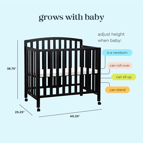 DaVinci Dylan 3-in-1 Convertible Portable Mini Crib, Ebony | GREENGUARD Gold Certified - Folding Baby Crib With Wheels, 4 Adjustable Mattress Heights, Conversion Kit Sold Separately - image 4