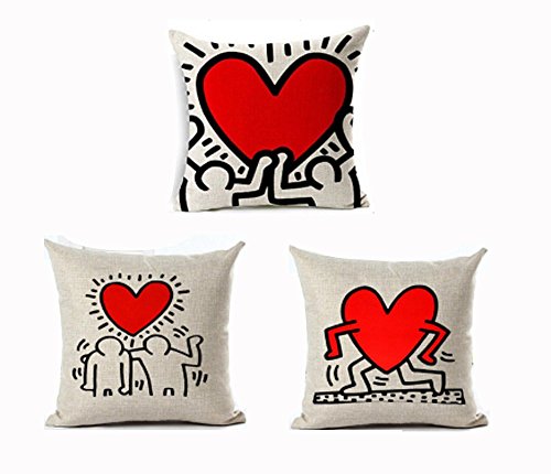 Andreannie Set of 3 Keith Haring's Graffiti-Art Printing Style Cotton Linen Throw Pillow Case Cushion Cover Sofa Car Home Office Decorative Square 18 X 18 Inches¡­