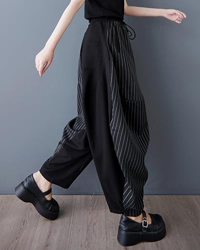 ellazhu Women's Pants Wide Leg Pocket High Waist Harem Pant Patchwork Striped GZ4662