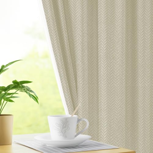 Image of LINENWALAS 100% Blackout Curtains for Window (5 Feet) - Set of 2 Panels, Herringbone Linen Texture Complete Light Block, Thermal Insulated & Noise Reducing Room Darkening Drapes (Beige)
