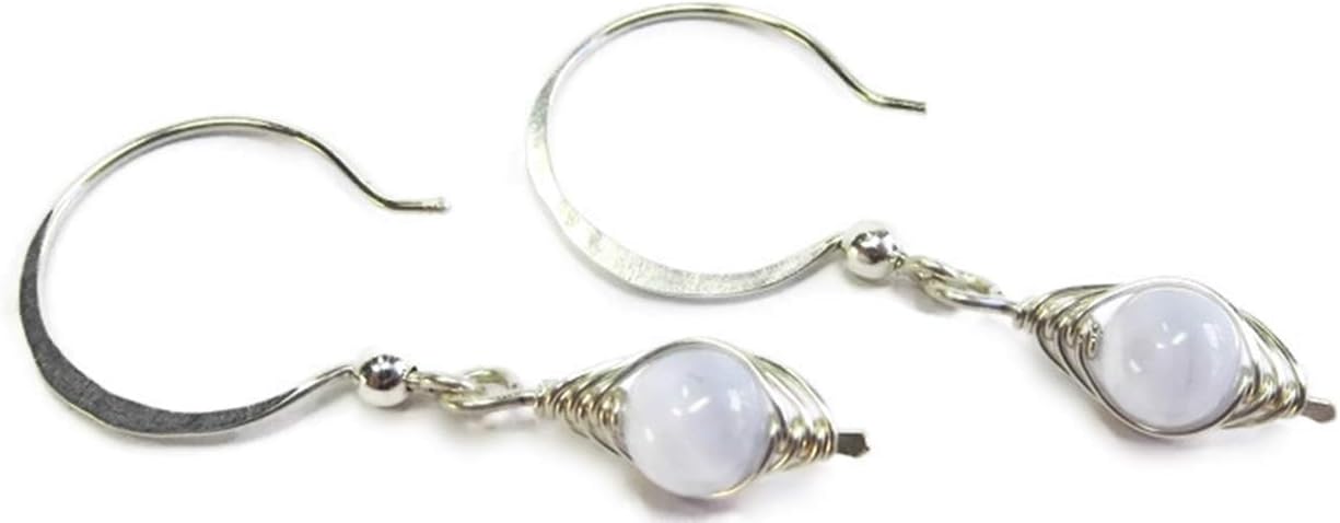 Blue Lace Agate and Sterling Silver Wire-Wrapped Herringbone Earrings