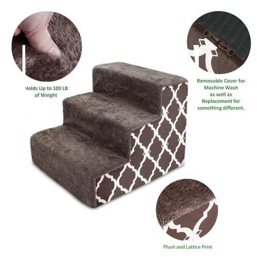 Image of Best Pet Supplies 3-Step CertiPUR-US Certified Foam Pet Stairs /Steps, 18 x 15 x 13-Inch, Brown Lattice Print