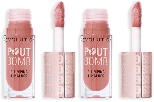 Image of Revolution, Pout Bomb Plumping Lip Gloss, Buildable, High Shine for Hydrating, Plumping Finish, Buildable Color, Vegan & Cruelty-Free, Candy Pink Nude, 0.15 fl oz (Pack of 2)