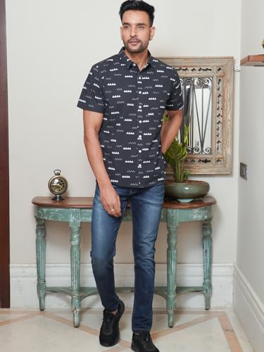 Image of Black Cotton Shirt with White Color Abstract Print | Lightweight Airflow Tech - Advanced breathable weave provides excellent ventilation during hot weather or parties.