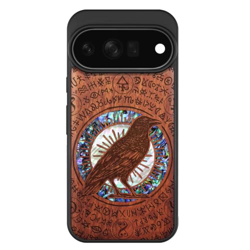 Étui magnétique Pixel 11 Pro Carveit coque bois avec nacre corbeau