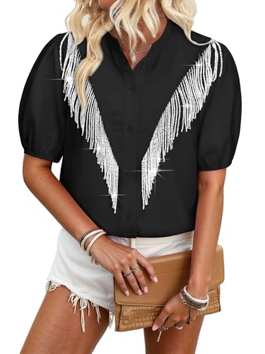 MYMORE Womens Rhinestone Fringe Shirt Top Nashville Country Western Cowgirl Outfit Shiny Diamond Tassel Puff Short Sleeve Button Up Shirts Top Dolly Costume Parton Club Outfit Clothing Black S