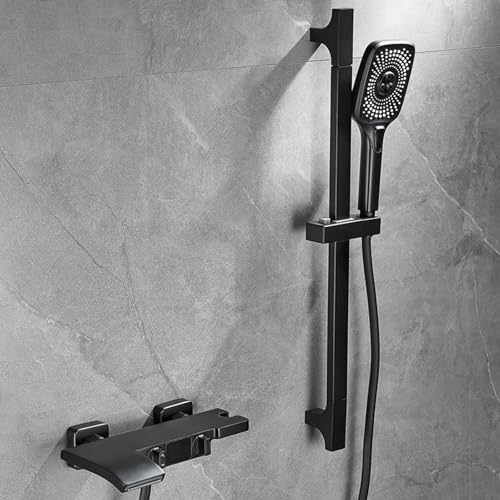 XJTNLB Grifo Ducha Pared Negro con Estante Grifo Monomando Mezclador de Ducha y Baño con Pantalla Digital LED