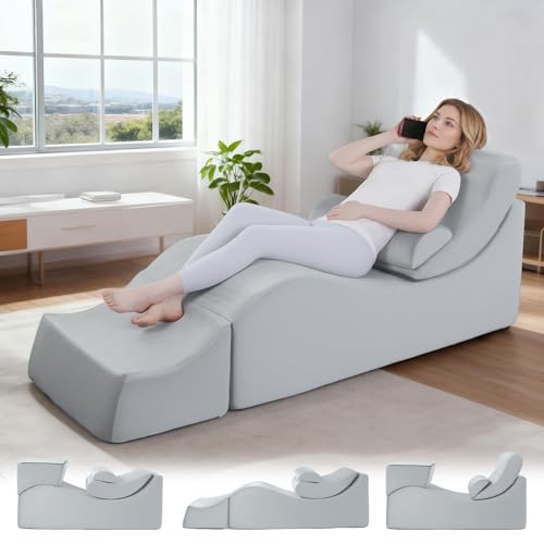 HOMBYS Chaise Lounge Chair Indoor, Ergonomic Reading and Relaxing Chair, Foam Recliner for Living Room, with Adjustable Back Cushion & Footrest, Lumbar Support Pillow Included, 71"x24"x21.6", Grey