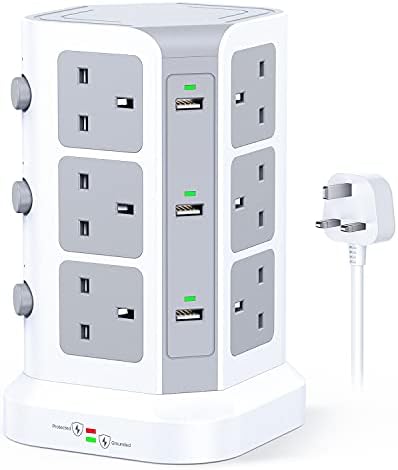Tower Extension Lead by KOOSLA, [13A 3250W] Surge Protector - 12 AC Outlets & 6 USB Ports Multi Plug Socket Power Strip with Heavy-Duty Extension Cable 2m for Home, Office White