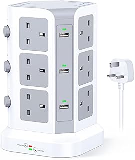 Tower Extension Lead by KOOSLA, [13A 3250W] Surge Protector - 12 AC Outlets & 6 USB Ports Multi Plug Socket Power Strip with Heavy-Duty Extension Cable 2m for Home, Office White