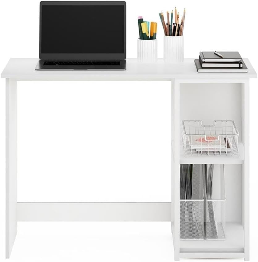 Pemberly Row Modern Living Computer Desk, 40-Inch Solid White, Composite Wood and Metal Frame, Side Storage Shelves, 60 lbs Tabletop Capacity, Sleek Design for Home Office or Study Room Use